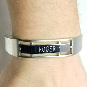 Vintage Roger Engrave Silver Tone Cuff ID Bangle Bracelet, Unisex Style, Estate